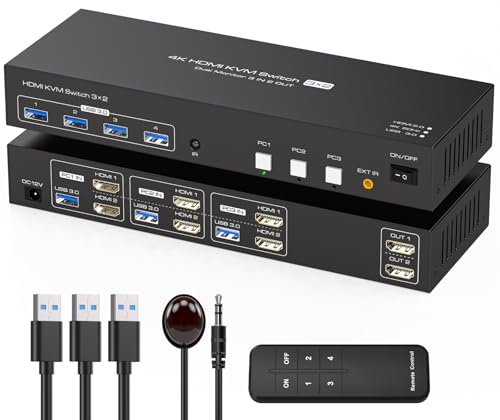 TJCXELE 4K60Hz HDMI KVM Switch 3 PC 2 Monitore EDID USB 3.0 KVM Umschalter für 3 PC Teilen Tastatur, Maus, USB Devices, mit Inklusive USB-Kabel, Inline-Steuerung, Fernbedienung und Netzteil - Black