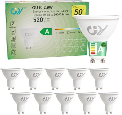 GY Ampoules LED GU10 Classe A 2.9W Equivalent 50W, 520LM 6500K Blanc Froid, Angle de Lumière 100°, Ampoule GU10 Led Efficacité Energétique, Non-Dimmable, Lot de 10