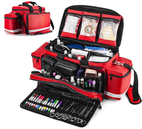 PTAHON Medical Bag - First Aid Bag Empty, EMT Bag for EMTs, Paramedics & First Responders, 25.8 Water-Resistant, 360° Reflective, 4 Dividers, 3 Removable Transparent Pouches, Padded Detachable Strap