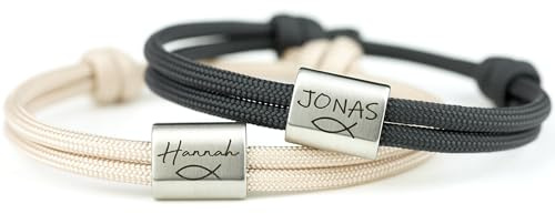 komimar Surfer Armband Kommunion mit Fisch Symbol und Persönlicher Namensgravur Ichthys Konfirmation Taufe Mädchen Jungs Edelstahl
