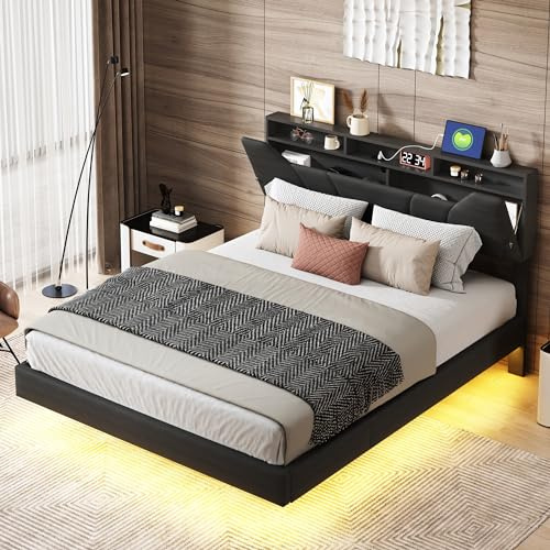 VixorLuilith Polsterbett 140x200 cm, Doppelbettgestell, Bettgestell mit LED-Beleuchtung, Schwebebettgestell mit Lattenrost, Stauraumbox, Kopfteil mit Stauraum, ohne Matratze (Schwarz, 140x200cm)