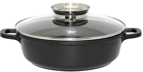 ELO Servierpfanne eckig 28x28 cm Aluguss mit Glasdeckel – Hochwertige Antihaft Pfanne PFAS frei – Beschichtete Bratpfanne Induktion mit Glasdeckel & Aromaknopf Servierpfanne Induktion, schwarz