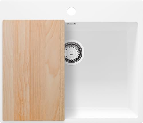 PRIMAGRAN Fregadero Cocina al Mueble 60cm + Kit de desagüe, 58x50cm | Set: Kit de desagüe (sifón, válvula, rebosadero) + Tabla de Cortar + Riga 1 Seno Granito, Blanco