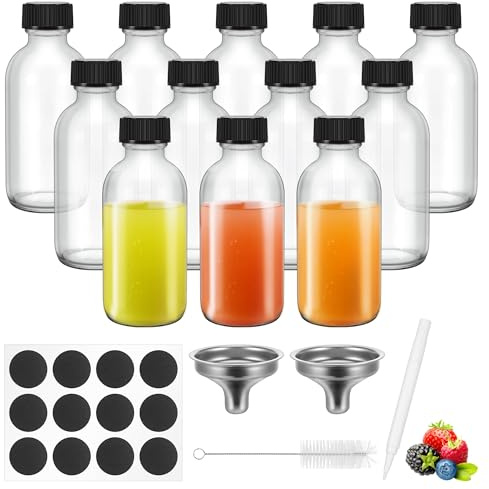 Hejo Kleine Shot Flaschen zum Befüllen, 12 Stück Dicke Kleine Glasflaschen, 60ml Ingwer Schnapsflaschen mit Trichter und Bürsten, Mehrweg Schmal Mund Mini Shot Gläser mit Deckel für Saft Ingwer Shot