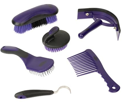 Weaver Equine 6-Piece Horse Grooming Kit, Ergonomic Gentle Horse Care Kit, Equestrian Supplies for Bathing Support, Detangling, and More, Purple/Black