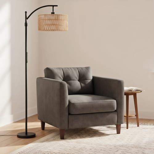 OUTON Lampada da Terra in Rattan, Lampada ad Arco Dimmerabile con App, Telecomando e Comando Touch, 4 Temperature di Colore, 2 Paralumi, Piantana LED da 12W per Soggiorno, Camera, Ufficio, Nero