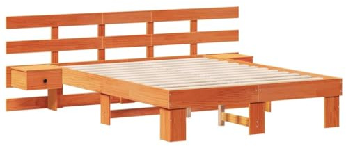 vidaXL Plattformbettgestell Standard UK 4Ft Kleines Doppelbett aus stabilem Kiefernholz mit Wachsbrown-Finish. Inklusive 2 Nachttische. Kein Boxspring nötig und einfache Montage