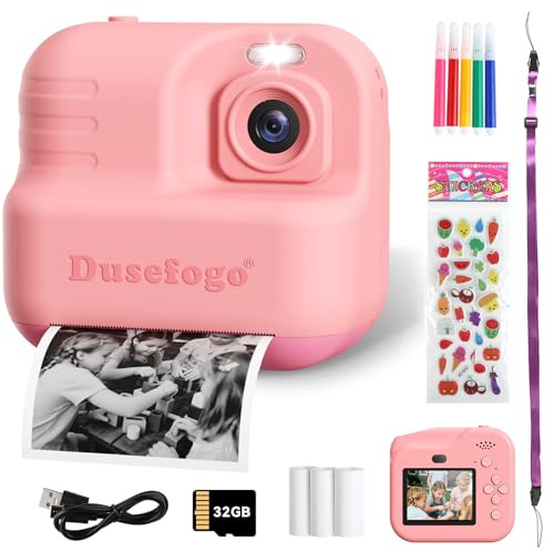 Appareil Photo Instantané Enfant, 2.4 Écran Appareil Photo Enfant avec 32GBTF Rouleaux de Papier d'impression,1440P Vidéo Selfie Caméra Cadeau Noël Jouet pour Enfant Garçons Filles de 3-12 Ans (Rose)