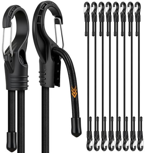 8-Piece 48-inch Adjustable Bungee Cords with Hooks, Heavy Duty Outdoor Carabiner Bungee Straps, Easily Adjust from 7 to 48, Black Super Elastic Cord for Cargo, Camping, Bike Racks, Tents