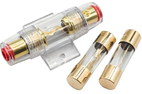 LKRXW 50A Inline AGU Sicherungshalter 4, 6, 8 AWG Vergoldet Sicherheitsfassung Audio Power Schutz Auto-Sicherungshalter Glasrohr Alarm Verstärker Kompressoren mit 2 Stück 50A Sicherungen