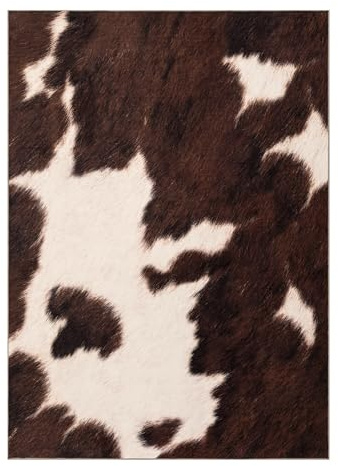 YIHOUSE Cowhide 5x7 Area Rug, Brown Cow Rugs for Living Room, Soft Low-Pile Washable Rug, Western Rustic Faux Animal Print Rugs for Bedroom, Dining Room