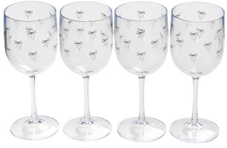 OHS Bow Print Plastic Wine Glasses Set of 4, Reusable Unbreakable Wine Glasses for Outdoor Parties Picnics Poolside BBQs Champagne Glass, Black/Clear