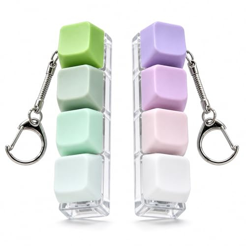 2 Pcs 4-Button Clicky Keycap Keychain Accessory, Portable Mechanical Keyboard Style Clicker with Metal Carabiner, Pastel Solid Colour Button Gadget for Adult Office Desk Bag Use (Green & Purple)
