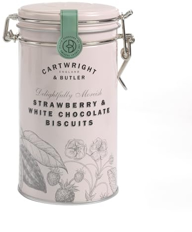 Cartwright & Butler Biscuits - 200g Strawberry and White Chocolate Biscuits with a Crisp Crumbly Crumb, Dried Strawberries and Fine White Chocolate, A Luxury Biscuit Gift in Signature Clip-Lid Tin