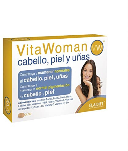 Complemento Alimenticio con Vitaminas, Minerales, Aminoácidos y Extractos de Bambú y Mijo - VitaWoman Cabello, Piel y Uñas - 30 Comprimidos - Contribuye a Mantener el Cabello, Piel y Uñas - Eladiet