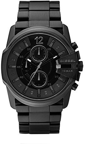 Diesel Herrenuhr Master Chief Chrono, Dreizeigeruhrwerk, 49mm schwarzes Edelstahlgehäuse mit Edelstahlarmband, DZ4180