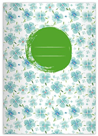 Kartenkaufrausch 8 Glücks bringende Vintage DIN A4 Schulhefte, Schreibhefte mit 4 blättrigen Blumen/Klee in hellblau Lineatur 20 (blanko Heft)