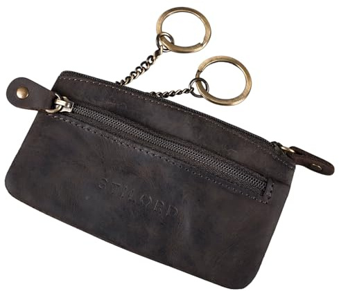 STILORD Theo Schlüsseletui Leder Vintage Münzbörse Herren 2 Reißverschluss Fächer Schlüsseltasche Slim Minibörse mit Schlüssel-Ring RFID Blocker Farbe:dunkel - braun