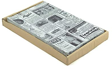 Hostelnovo - 500 fogli di carta kraft antigrasso per alimenti - Misura unica 32 x 20 cm - ideale per confezioni di patatine e qualsiasi tipo di contenitore, design foglio di giornale