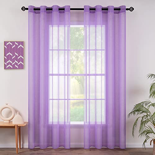 MIULEE Sheer Voile Vorhang mit Ösen Transparente Optik Gardine Vorhänge Ösenvorhang Ösenschal Transparent Durchsichtig Fensterschal für Schlafzimmer Wohnzimmer Babyroom 140x215 cm (B x H) Hellpurpur