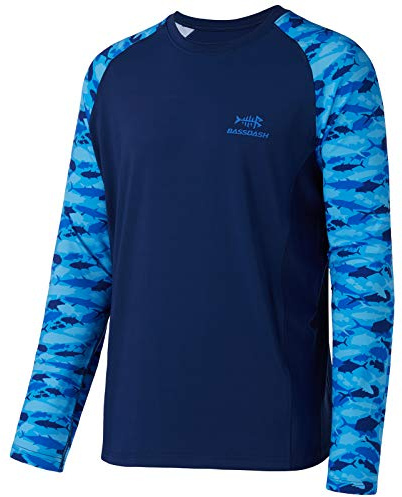 Bassdash UPF 50 fiske t-shirt för män kamouflage långärmad skjorta snabbtorkande tröjor, Mörkblå/fiskskola, XXL