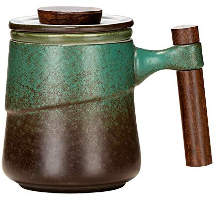 NCQIXIAO temugg med lock, 320 ml/12 oz retro glaserad keramisk tekopp med infusioner, trähandtag för att brygga löst löv te (vintage grön)