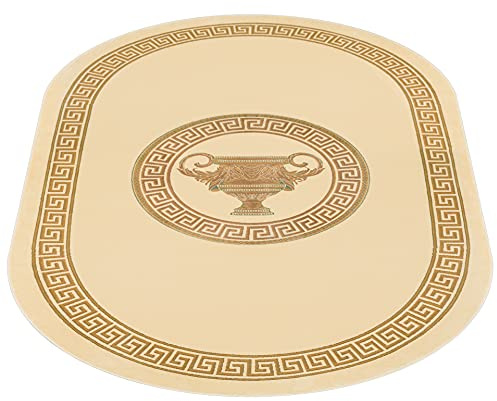 Teppich Oval Wohnzimmer in beige gold Mäander Amphore Griechisch Muster Schlafzimmer Esszimmer Flur mit Fransen - elegant weich Seidenoptik rutschfest öko tex - creme beige gold, 152x230 cm, Oval