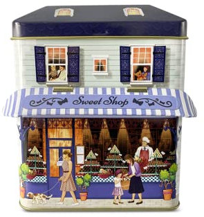 stylebox Boîte en tôle en forme de maison de ville avec auvent « Sweet Shop » - Environ 12 x 7,5 x 15 cm - Volume : 1000 ml