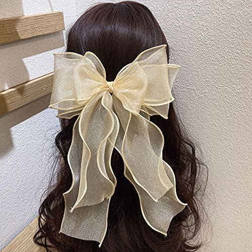 Duories Große Haarspange Haarschleifen Mädchen,Damen Haarclips Haarklammern Haarspangen Elegante Lange Organza Schleife Haarschmuck Haar Accessoire für Frauen Mädchen Dicke Haar Dünne Haar,Beige