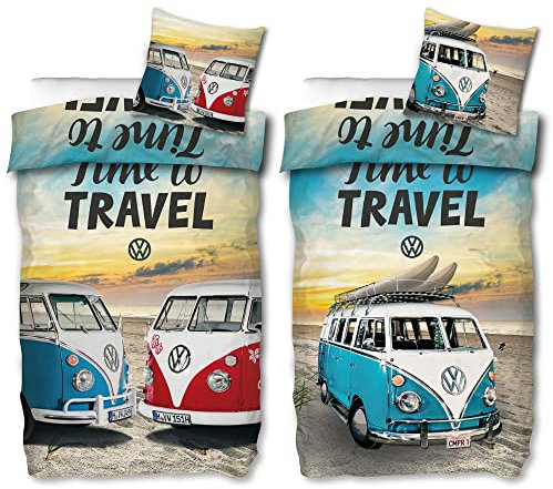 VW Volkswagen Bulli Bettwäsche Time To Travel 135 cm x 200 cm + 80 cm x 80 cm 100% Baumwolle Renforcé-Linon-Qualität Camper Van VW-Bus 2 Motive T1 T2 T3 Retro Wendebettwäsche Reißverschluss 186