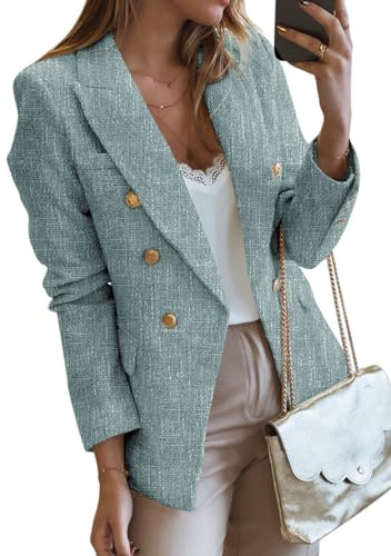 Happy Sailed Business Casual Blazer Jackets for Women Long Sleeve Double Breasted Tweed Blazers Formal Lapel Collar Open Front Office Professional Jackets Work Suits Blue Large