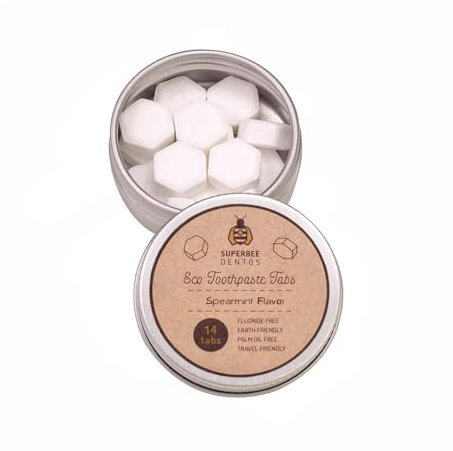 SuperBee Dentos Toothpaste Tablets, 14 Tabs, Fluoride Free & Eco Friendly, Travel Mouthwash Tablets, Sensitive Bites for Kids and Adults, Chewable Tablet, Spearmint