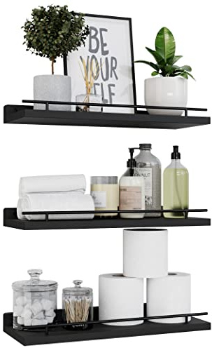 WOPITUES Floating Shelves with Black Metal Guardrail, Shelves for Wall Decor Set of 3, Wall Shelves for Bedroom, Bathroom, Kitchen, Living Room, Plants, Picture Frames, Art- Black