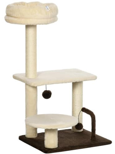 PawHut Albero Tiragraffi per Gatti con Palo in Sisal 44x38x81 cm Beige | Posatoio, Palline da Gioco, in Truciolato e Peluche