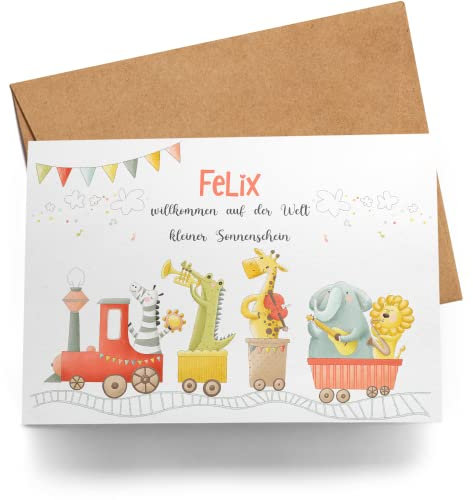 Kiddle-Design Glückwunschkarte Geburt Karte zur Geburt Junge Babykarte Personalisiert mit Name Geburtskarte Baby süße Tiere schöne Sprüche zur Geburt Mädchen Lok