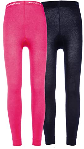 EWERS 2-pack barnleggings enfärgade dubbelpack leggings av bomull för flickor, tillverkade i Europa, Mörkblå/rosa, 110-116