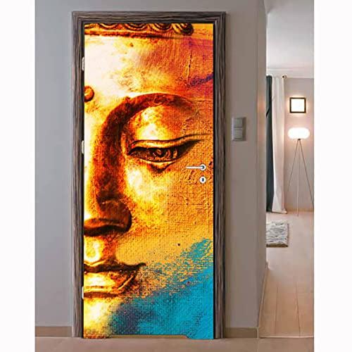 3D Türaufkleber Türtapete Selbstklebend Türposter Goldenes Buddha-Gesicht 90X200Cm Fototapete Türfolie Wasserdichte Abnehmbare Pvc Türtapete Innentür Schlafzimmer Küche Bad Home Deko