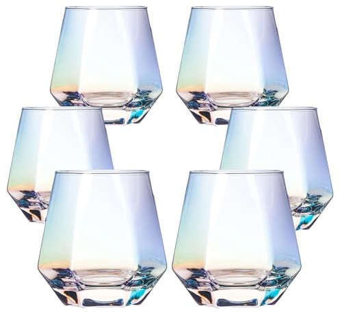 BACLIFE Hand Blown Stemless Wine Glasses Set of 6 – 10 oz Crystal Red Wine Glass – Premium Iridescent Diamond Shaped Drinking Glasses in Gift Box – Unique Gift for Wedding, Anniversary, Mother's Day