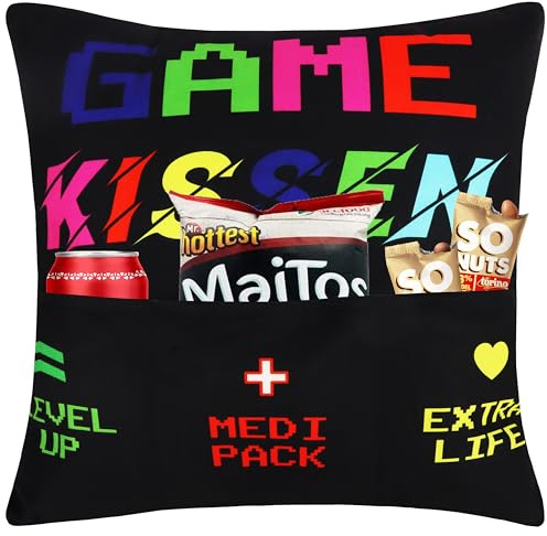 Merclix Gamer Kissenbezug 45x45 mit 3 Taschen Geschenk für Zocker | Lustig • Zocker Geschenke für Männer • Weihnachten • Gaming Deko Zimmer • Teenager Jungen • Geburtstag