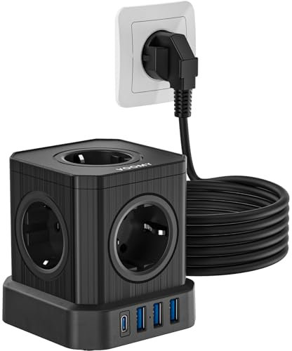 VOOMY Ciabatta Multipresa con USB 9-in-1, 5 Prese Schuko, 3 Porte USB-A e 1 C 20W Ricarica Rapida, Protezione Sovratensione, 4000W/16A, con Interruttore On/Off, Cavo Lungo 5 Metri, Colore Nero