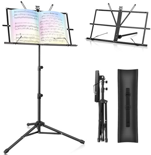 New Bee Music Stand - Music Stands for Sheet with Carrying Bag, Metal Sheet Music Stand Portable, Adjustable Podium Stand with Tripod Base and Sheet Music Folder - Black