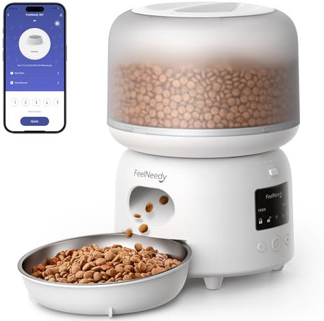 FEELNEEDY Distributore Automatico Cibo Gatti con APP, 2.4G WiFi Dispenser Crocchette Gatto fino a 10 Pasti/36 Porzioni al Giorno, Ciotole per Gatti in Acciaio Inox, 3L