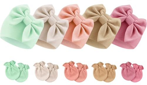 DRESHOW Neugeborene Baby Mütze Fäustlinge Krankenhaus Hut Beanie Säuglingshüte mit Schleife Baby Handschuhe for 0-6 Monate