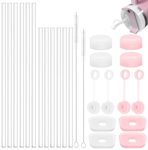zrfgbxim 26 Pz per Stanley Cup 2.0 40 Oz/ 30 Oz Accessori: 12 Tappi a Prova di Fuoriuscite in Silicone, 12 Cannucce, 2 Spazzole per Cannucce, Tappi Anti-Perdite in Silicone Compatibili con Stanley Cup