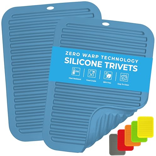 Silicone Trivets & Pot Holders - 2Pack - Zero Warp Technology - Heat Resistant - Non-Slip - Flexible - Durable Kitchen Drying Mat Set (Blue, 30cm, Rectangle)