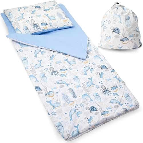 PinkZebra Schlafsack Kinder 140 x 75 cm + Kissenbezug 60 x 40 cm & Beutel, Indoor für Kindertagesstätte Kindergarten Deckenschlafsack, (bis 135 cm Kindergröße), Öko-Tex, Meerestiere