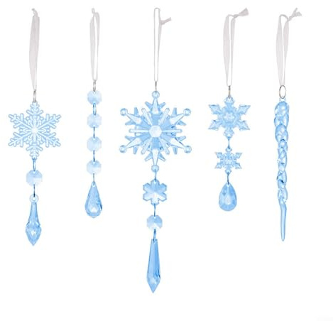 Puupaa 5 Stück Weihnachtsdekoration Schneeflocke Weihnachtsbaum Ornamente, hängende klare Acryl Schneeflocke Eiszapfen Tropfen Anhänger für Winter Party Hochzeit festliche Dekoration (blau)