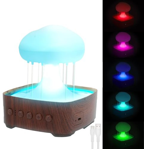 Carlo Milano Brunnen: Regenwolke-Luftbefeuchter, USB-C, LED-Farbwechsel, 5 Naturgeräusche (Luftbefeuchter-Nachttischleuchte, Regentropfen, Stimmungslicht)