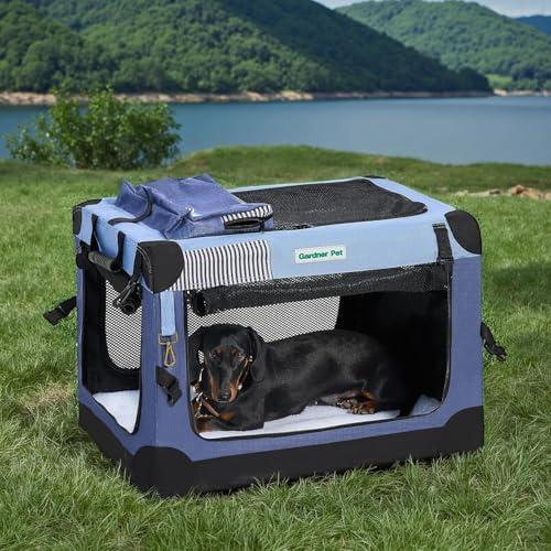 Gardner Pet Cage de Transport pour Chat Chien, Sac Transport 66x46x46CM, Caisse de Transport Portable pour Animaux Chiots Petits Chiens Intérieur & Extérieur à 3 Portes avec Fenêtres - S/Blue
