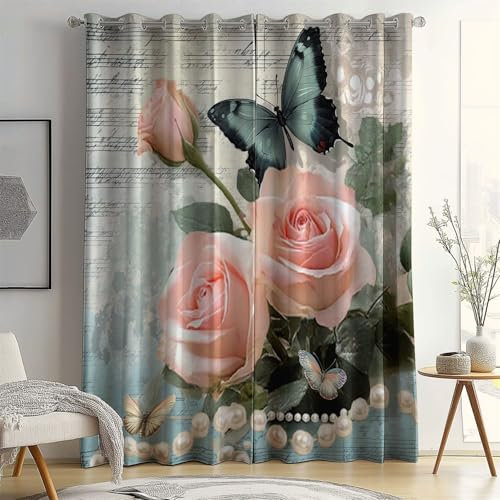 Curtain Pink Roses Butterflies Energy Saving Decorative Room Darkening Opaque Panel Curtains for Decoration Living Room Dining Room W 46 x L 54 (2 Panels)